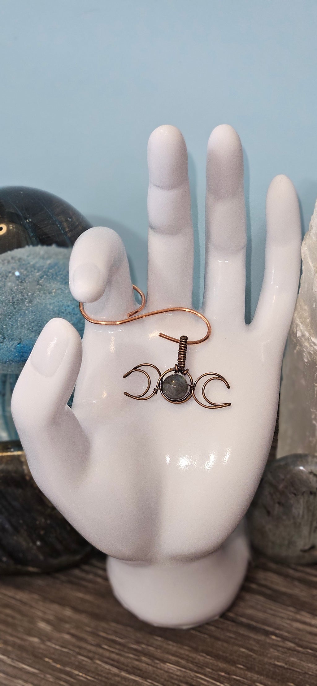 Three Moon Charm Pendant W/ Labradorite Stone Bead